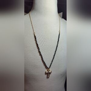 Gold and Black White Cross Pendant Necklace NWOT